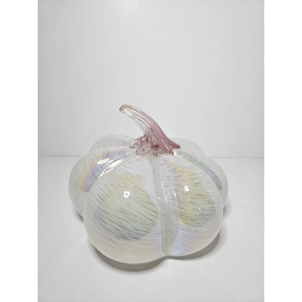 Large 8in Blown Glass Pumpkin Pink White Iridescent Glitter Paperweight Art